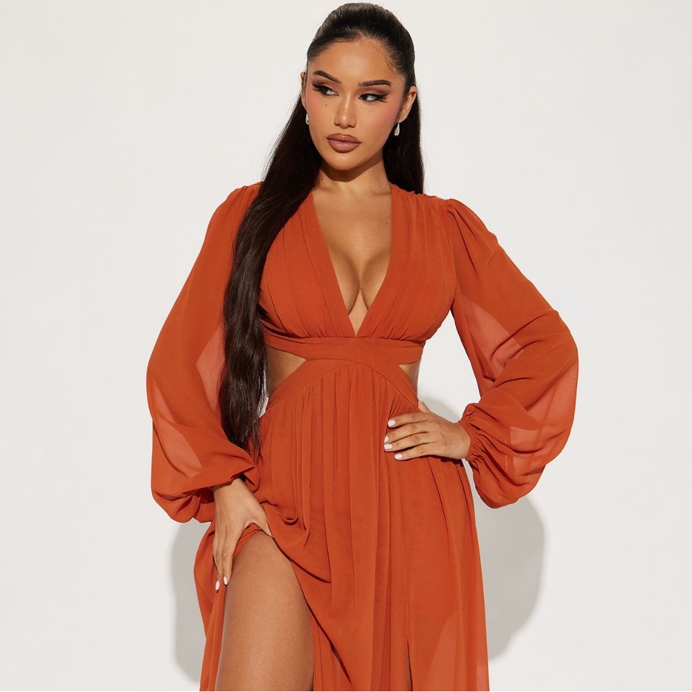 Women’s Rust Orange Plunge Maxi Dress with Cutouts
